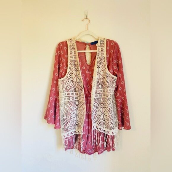 Boho Chic Mauve Wrap Bell Sleeve Romper With Elastic Waist Size M - Picture 9 of 9